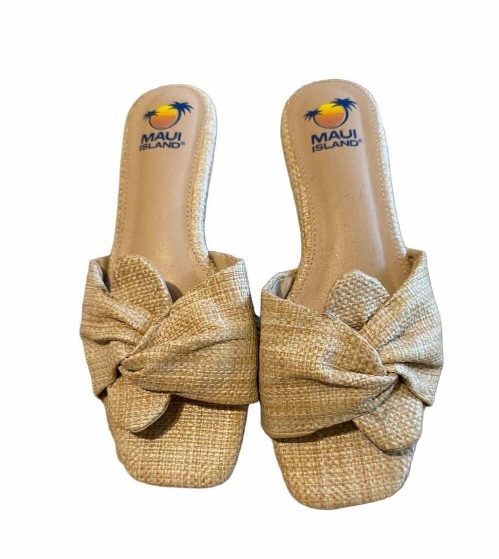Maui Island Sandals Size 8M Natural Raffia Bow Slide Flat Shoes